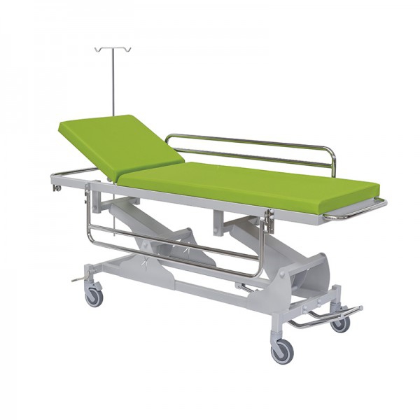 Chariot brancard d'urgence : réglage hydraulique de la hauteur, acier peint, mains courantes rabattables et support tige IV (couleurs disponibles) Chariot brancard d'urgence : réglage hydraulique de la hauteur, acier peint, mains courantes rabattables et support tige IV (couleurs disponibles)